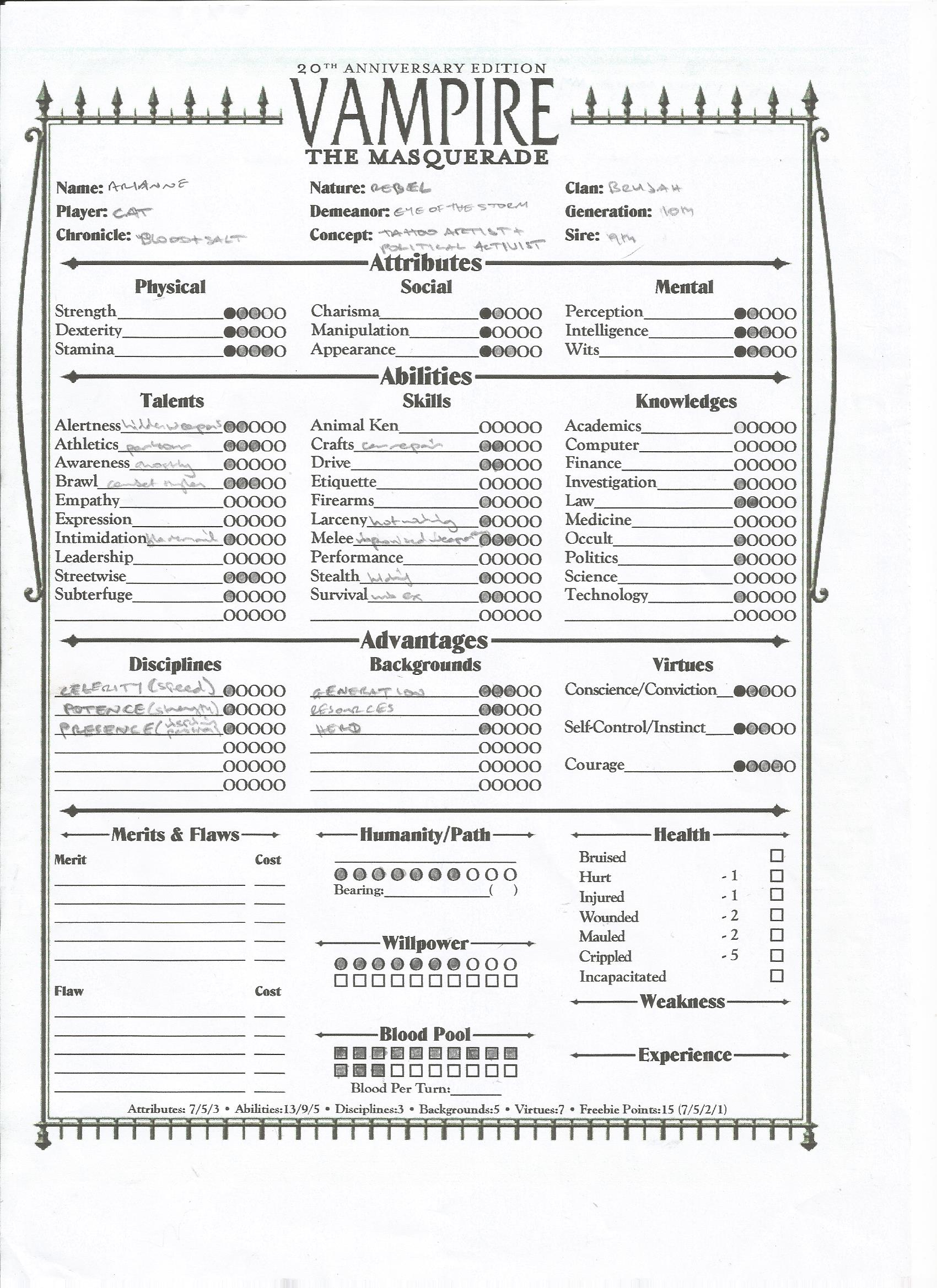 vampire the masquerade bloodlines character sheet